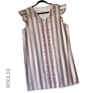 ROOLEE | NWOT EMBROIDERED COTTON RUFFLE CAP SLEEVE DRESS LINED STRIPES | MEDIUM